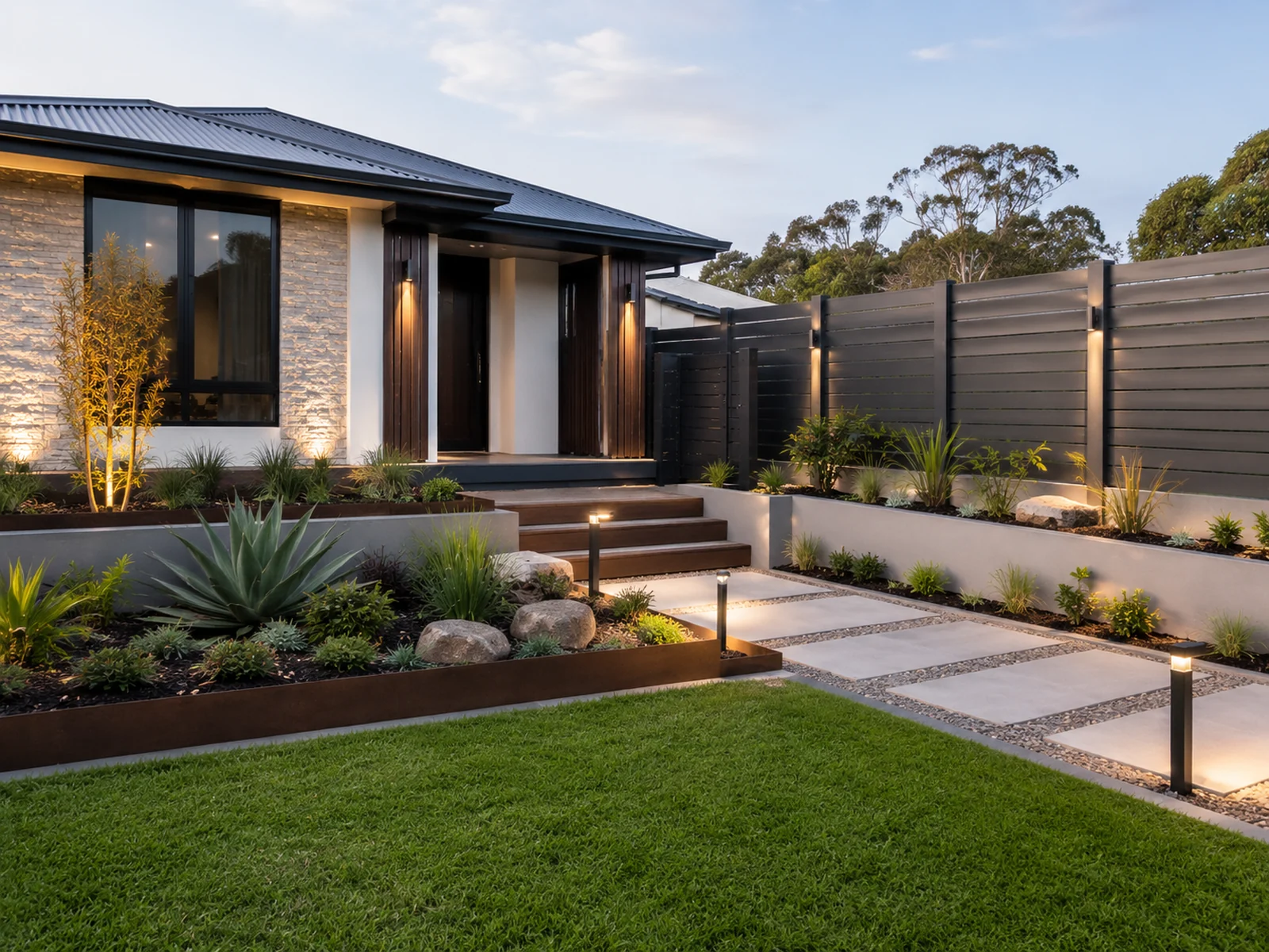 Modern Sydney home with fencing and landscaped outdoor construction