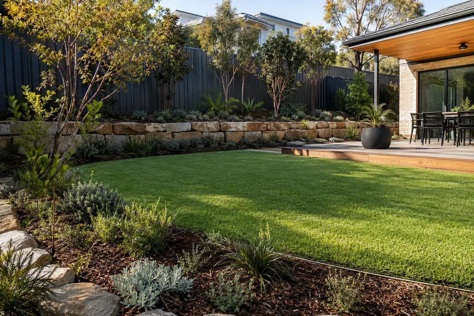 Landscaped Australian outdoor space with lawn, paving and garden beds
